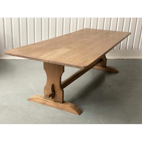 263 - HARVEST/REFECTORY TABLE, rectangular planked oak with trestle end supports and stretcher, 274cm x 10... 