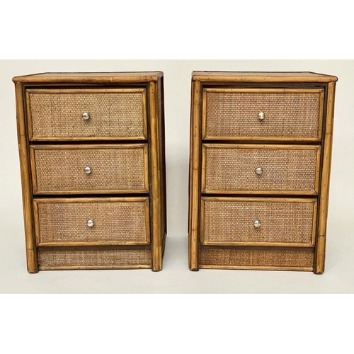 250 - BEDSIDE CHESTS, a pair, bamboo framed and cane panelled each with three drawers, 54cm W x 64cm H x 4... 