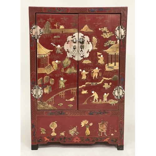 254 - CHINESE SIDE CABINET, early 20th century scarlet lacquered and gilt chinoiserie decorated with two p... 