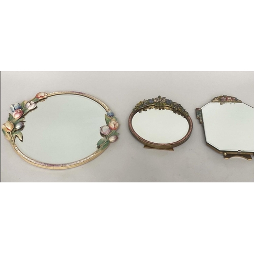 255 - BARBOLA MIRRORS, circular bevelled with ribbon and tulip hand painted frame, together with two other... 