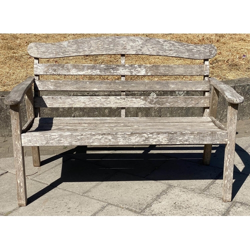 418 - GARDEN BENCH, 126cm W, slated weathered teak,  arched back and flat top arms.