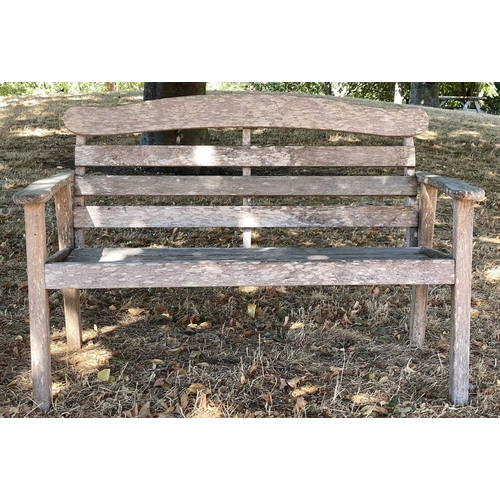 418 - GARDEN BENCH, 126cm W, slated weathered teak,  arched back and flat top arms.