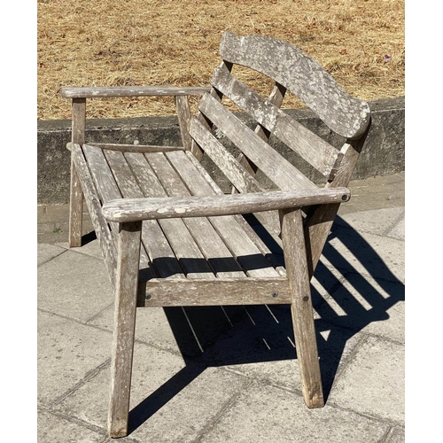 418 - GARDEN BENCH, 126cm W, slated weathered teak,  arched back and flat top arms.