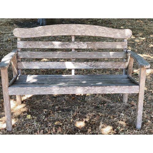 418 - GARDEN BENCH, 126cm W, slated weathered teak,  arched back and flat top arms.