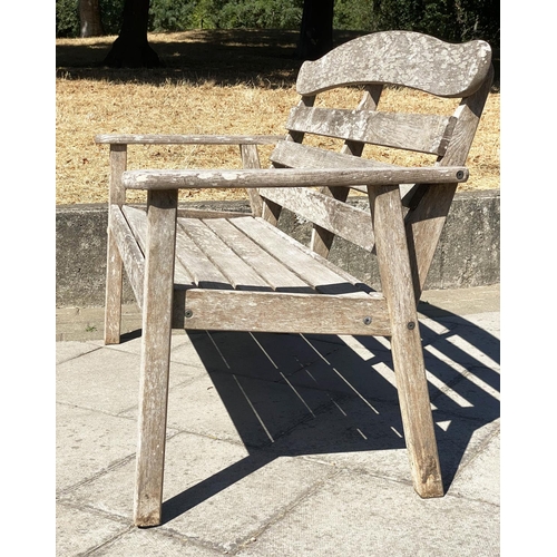 418 - GARDEN BENCH, 126cm W, slated weathered teak,  arched back and flat top arms.