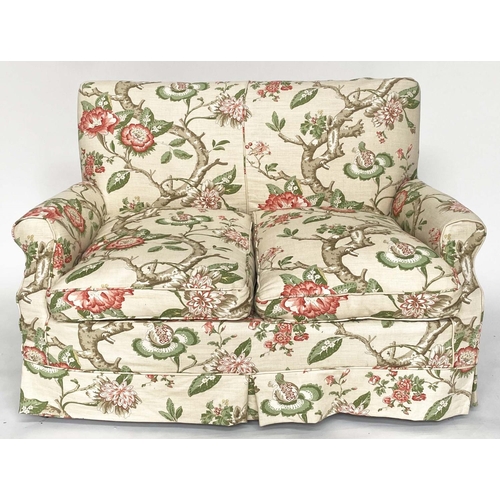 235 - SOFA, Victorian two seater with country house climbing rose linen loose cover upholstery and turned ... 