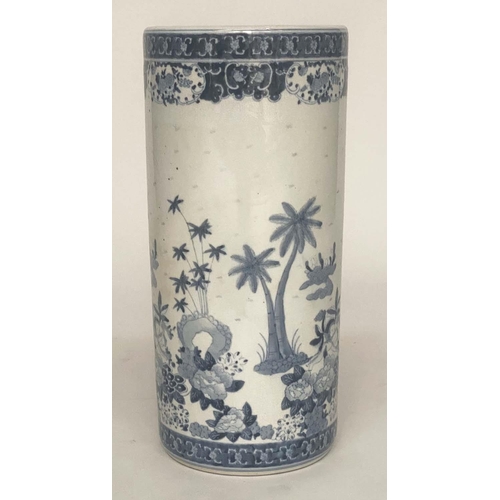 237 - STICK STAND, Chinese blue and white ceramic cylindrical with figures and palm trees, 45cm H.