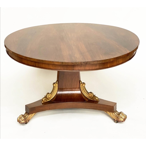 232 - BREAKFAST TABLE, Regency rosewood circular with gilded paw supports and tilt top, 122cm x 73cm H.