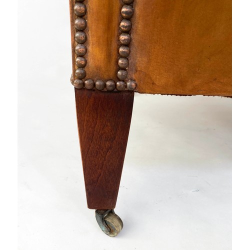 141 - DESK CHAIR, Edwardian brass studded mid brown leather with raised bow back and square tapering suppo... 