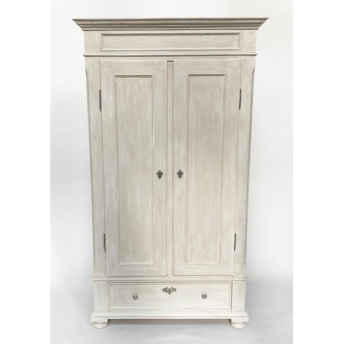 101 - ARMOIRE, 19th century French traditionally grey painted with two panelled doors and drawer, 102cm W ... 