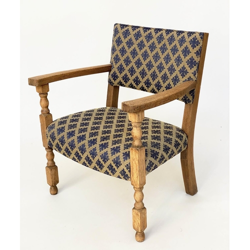 103 - ELBOW ARMCHAIR, 1930s oak with silk geometric pattern upholstery, 56cm W.