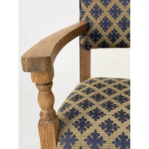 103 - ELBOW ARMCHAIR, 1930s oak with silk geometric pattern upholstery, 56cm W.