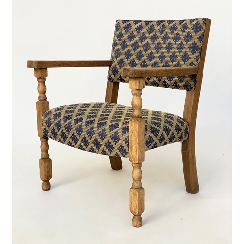 103 - ELBOW ARMCHAIR, 1930s oak with silk geometric pattern upholstery, 56cm W.