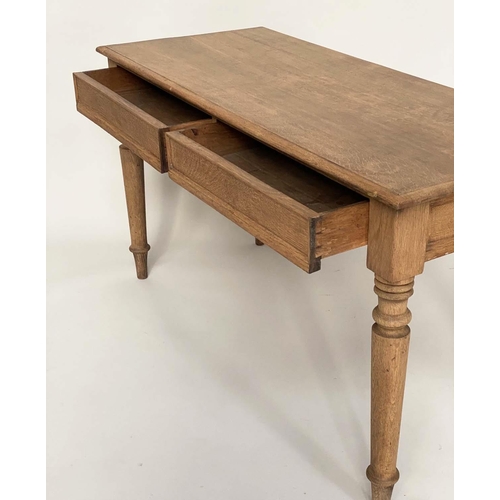 104 - WRITING TABLE, rectangular oak with two frieze drawers and tapering supports, 136cm w x 57cm D x 75c... 