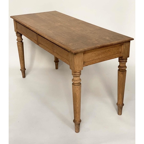 104 - WRITING TABLE, rectangular oak with two frieze drawers and tapering supports, 136cm w x 57cm D x 75c... 