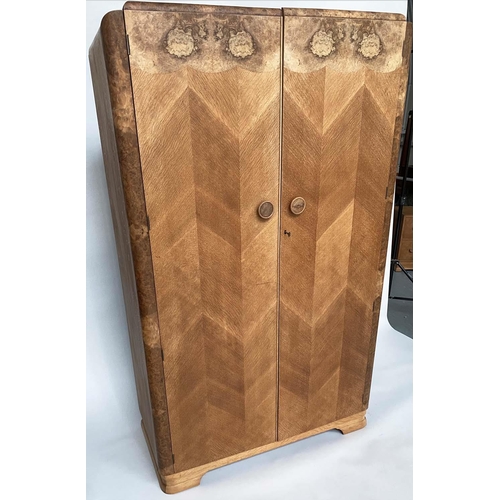 107 - ART DECO WARDROBE, feathered oak and burr walnut with two doors and fitted and hanging interior, 117... 