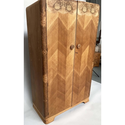 107 - ART DECO WARDROBE, feathered oak and burr walnut with two doors and fitted and hanging interior, 117... 