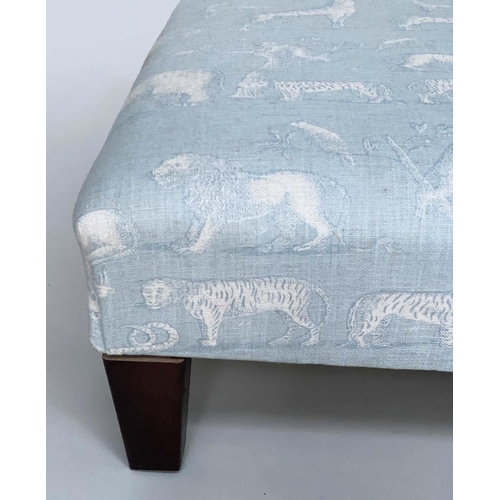 109 - FOOTSTOOL, square Andrew Martin fabric upholstered, 103cm x 103cm W x 38cm H.