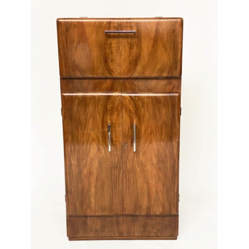 113 - ART DECO DRINKS CABINET, burr walnut with fall front enclosing mirrored fitted interior above two do... 