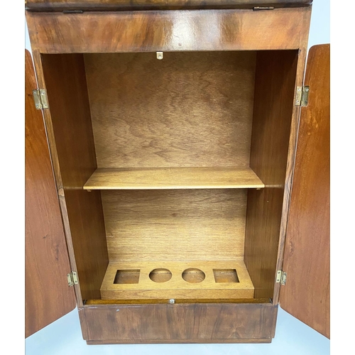 113 - ART DECO DRINKS CABINET, burr walnut with fall front enclosing mirrored fitted interior above two do... 