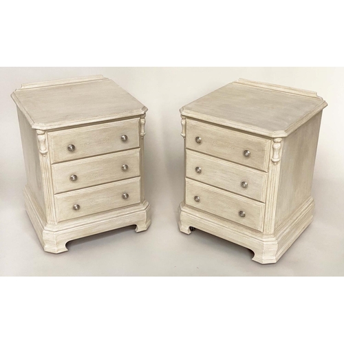 114 - BEDSIDE CHESTS, a pair, French style grey painted each with three drawers and silvered knobs, 51cm W... 