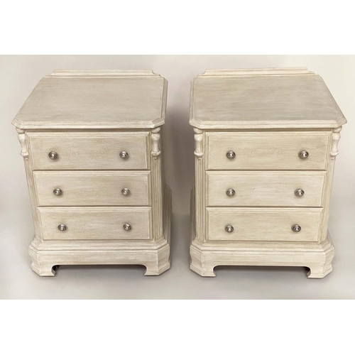 114 - BEDSIDE CHESTS, a pair, French style grey painted each with three drawers and silvered knobs, 51cm W... 