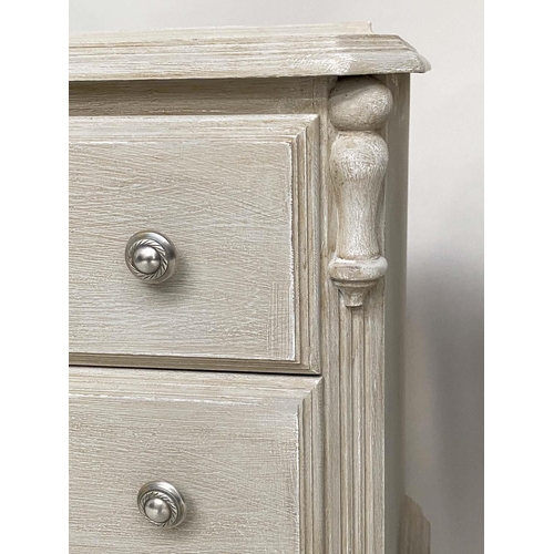 114 - BEDSIDE CHESTS, a pair, French style grey painted each with three drawers and silvered knobs, 51cm W... 