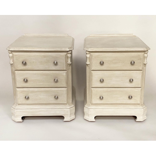 114 - BEDSIDE CHESTS, a pair, French style grey painted each with three drawers and silvered knobs, 51cm W... 