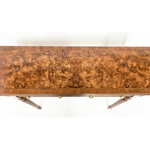 115 - HALL TABLE, George III design burr walnut and crossbanded with two frieze  drawers, 120cm W x 32cm D... 
