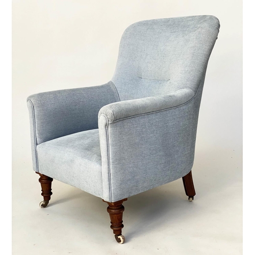 116 - ARMCHAIR, Victorian with duck egg blue linen upholstery with rounded back, scroll arms and turned su... 