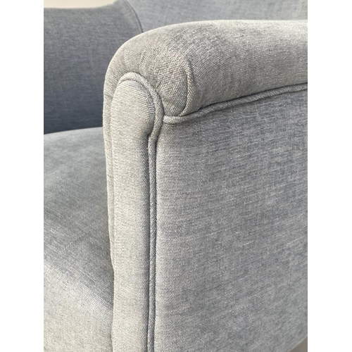 116 - ARMCHAIR, Victorian with duck egg blue linen upholstery with rounded back, scroll arms and turned su... 