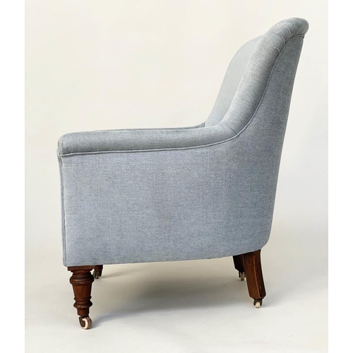 116 - ARMCHAIR, Victorian with duck egg blue linen upholstery with rounded back, scroll arms and turned su... 