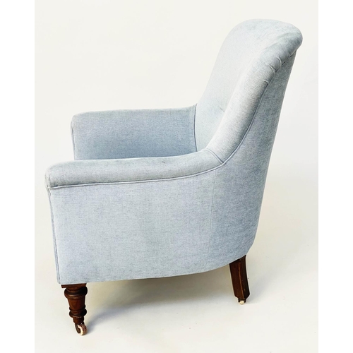 116 - ARMCHAIR, Victorian with duck egg blue linen upholstery with rounded back, scroll arms and turned su... 