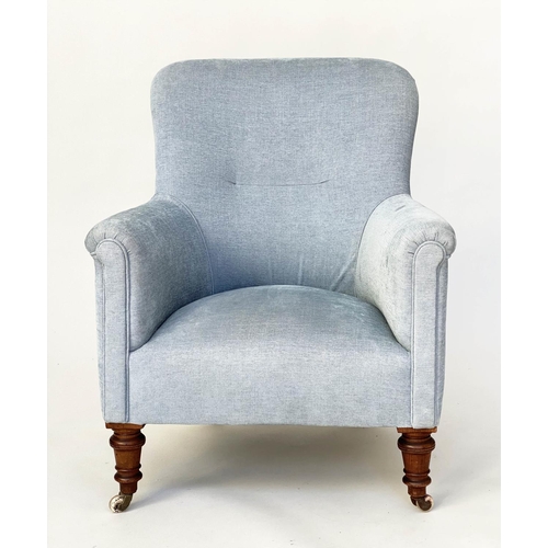 116 - ARMCHAIR, Victorian with duck egg blue linen upholstery with rounded back, scroll arms and turned su... 