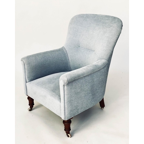 116 - ARMCHAIR, Victorian with duck egg blue linen upholstery with rounded back, scroll arms and turned su... 