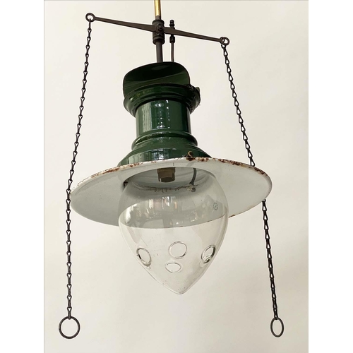 119 - HALL LANTERN, Edwardian green enamelled converted gas lamp, 90cm H.