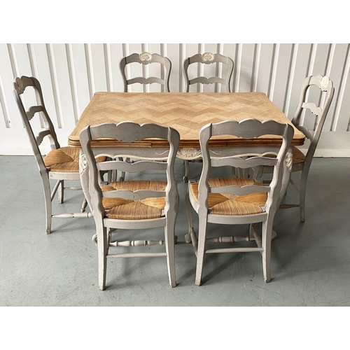 121 - EXTENDING DINING TABLE, French oak parquet and grey painted with pullout leaves and six matching rus... 