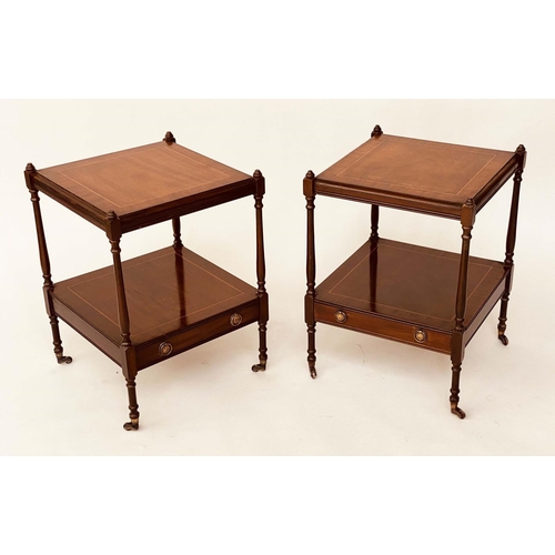 125 - LAMP TABLES, a pair, George III design mahogany and crossbanded each with undertier drawer, 44cm x 4... 