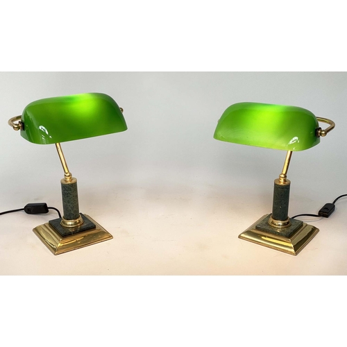 128 - BANKERS LAMPS, a pair, traditional form brass with marble columns and bases and green glass shades. ... 