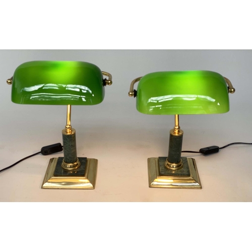 128 - BANKERS LAMPS, a pair, traditional form brass with marble columns and bases and green glass shades. ... 