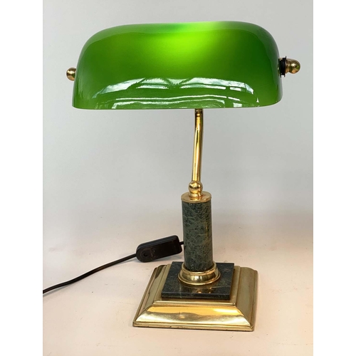 128 - BANKERS LAMPS, a pair, traditional form brass with marble columns and bases and green glass shades. ... 