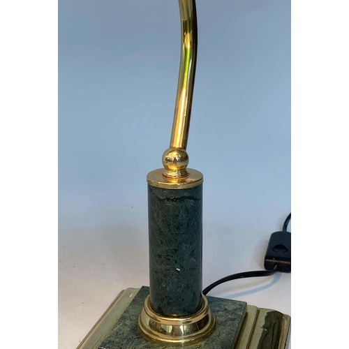 128 - BANKERS LAMPS, a pair, traditional form brass with marble columns and bases and green glass shades. ... 