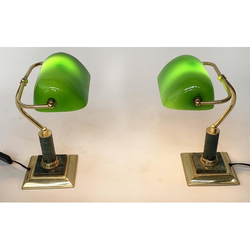 128 - BANKERS LAMPS, a pair, traditional form brass with marble columns and bases and green glass shades. ... 