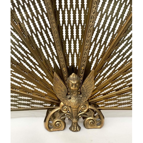 129 - 'FAN' FIREGUARD, 19th century style pierced brass foldout with winged griffin centre, 63cm H x 88cm ... 