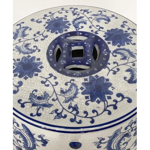 130 - CHINESE STOOL, Chinese ceramic blue and white cracked glaze of pierced barrel form, 45cm H>