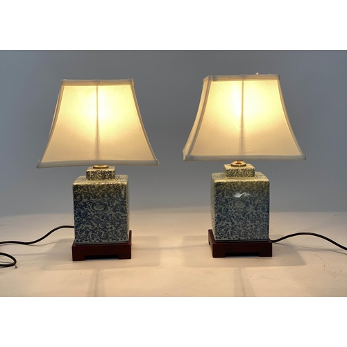 132 - TABLE LAMPS, a pair, 42cm H, Chinese blue and white ceramic of stepped square form with shades. (2)