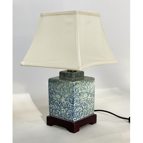 132 - TABLE LAMPS, a pair, 42cm H, Chinese blue and white ceramic of stepped square form with shades. (2)