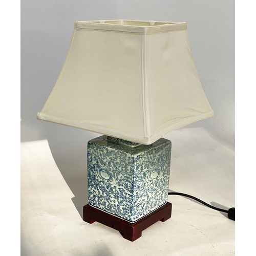 132 - TABLE LAMPS, a pair, 42cm H, Chinese blue and white ceramic of stepped square form with shades. (2)