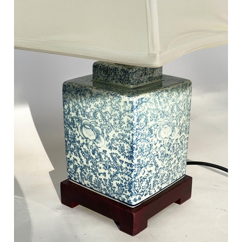 132 - TABLE LAMPS, a pair, 42cm H, Chinese blue and white ceramic of stepped square form with shades. (2)