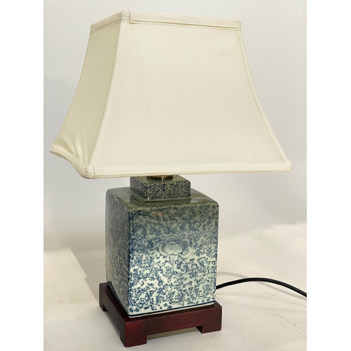 132 - TABLE LAMPS, a pair, 42cm H, Chinese blue and white ceramic of stepped square form with shades. (2)